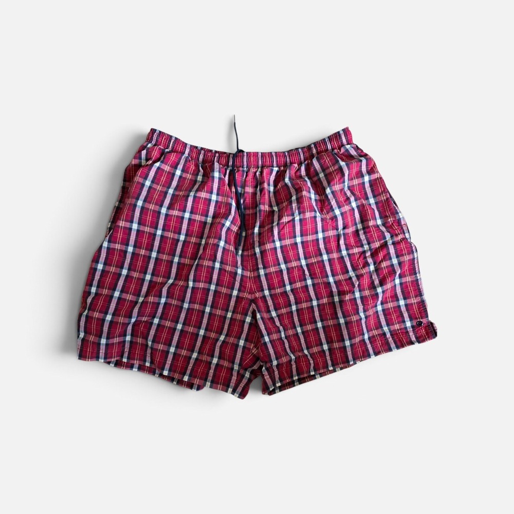 Vintage 90s John Ashford Men's Plaid Swim Trunks XL Red Tartan Cotton Nylon Mesh